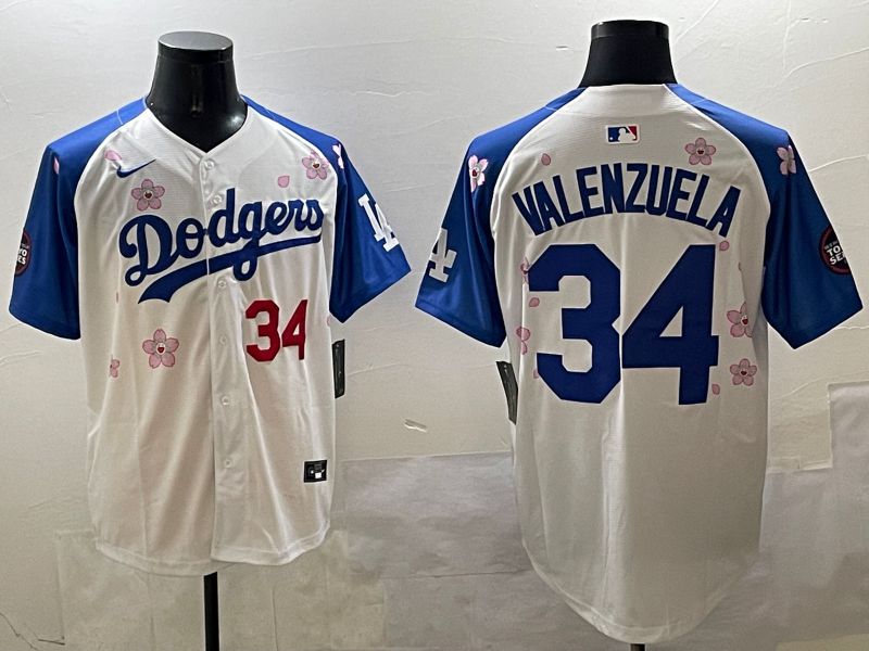 Men Los Angeles Dodgers 34 Valenzuela White Blue Sakura Edition 2025 Nike MLB Jersey style 6